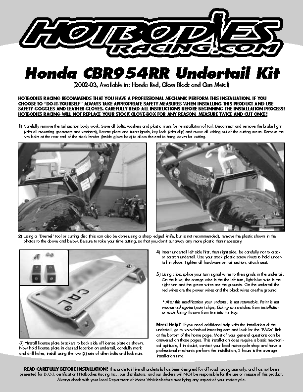 CBR 954RR 2002-03 Undertail Installation