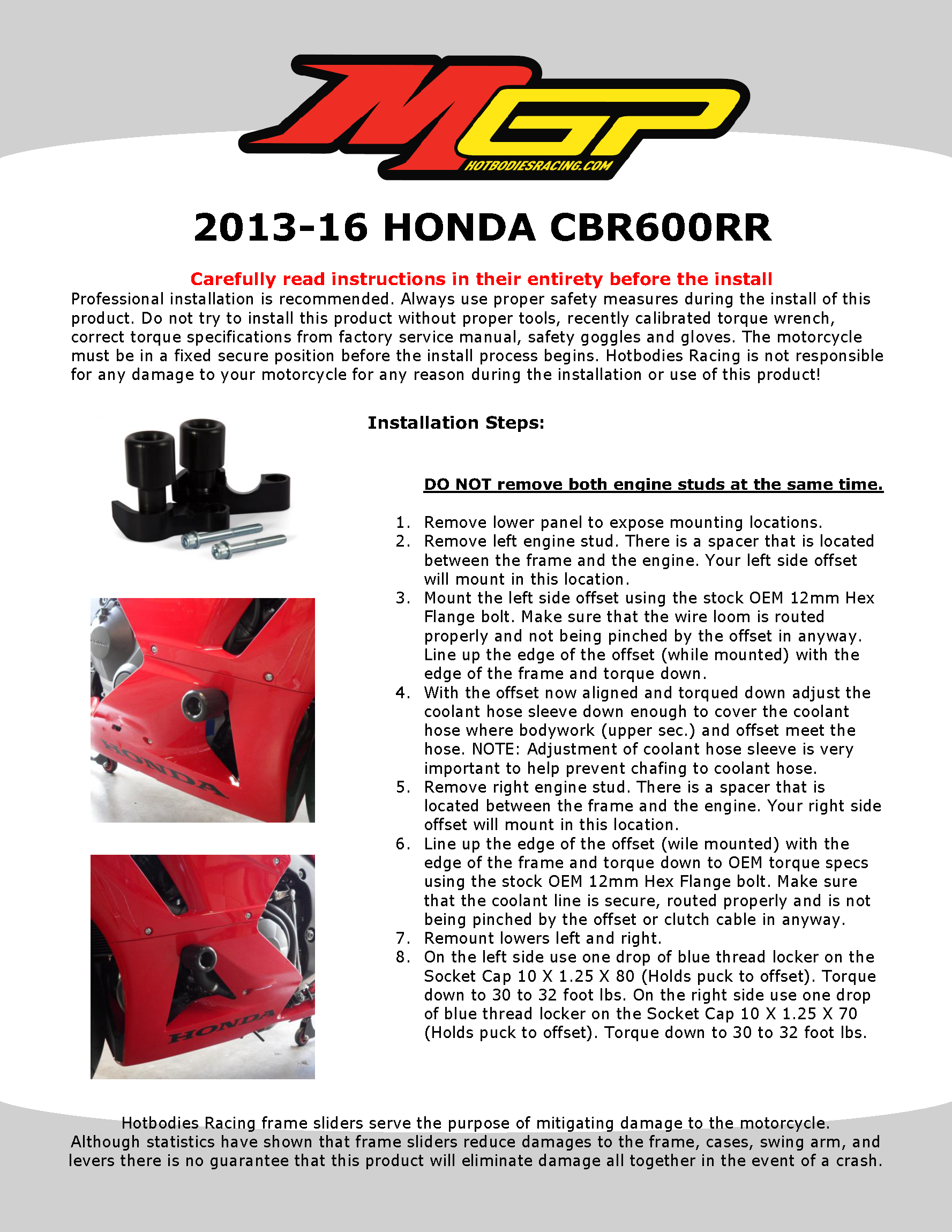 CBR600RR 2013-16 Frame Sliders No Cut